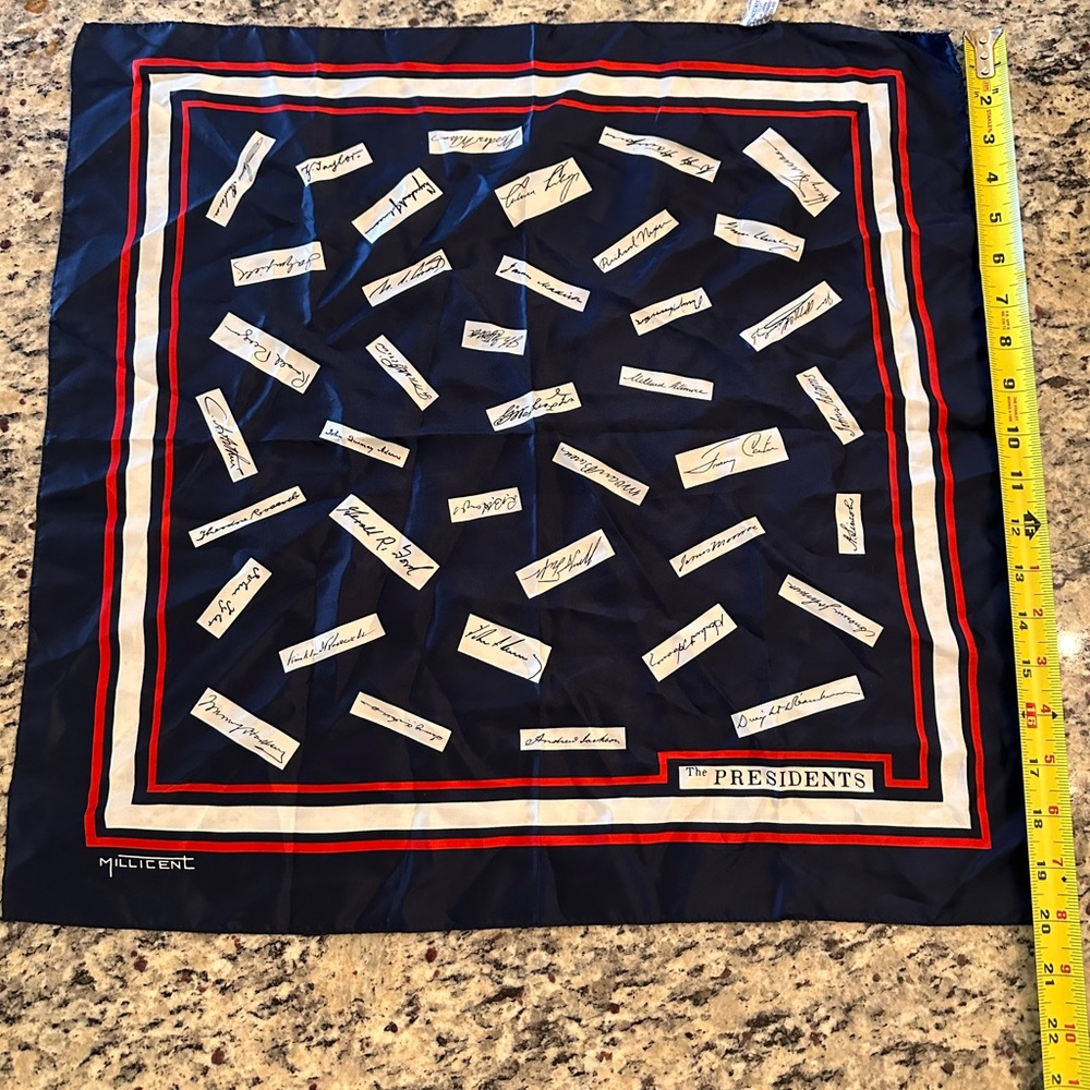 Millicent Navy Blue Silk Scarf with Presidential Signatures